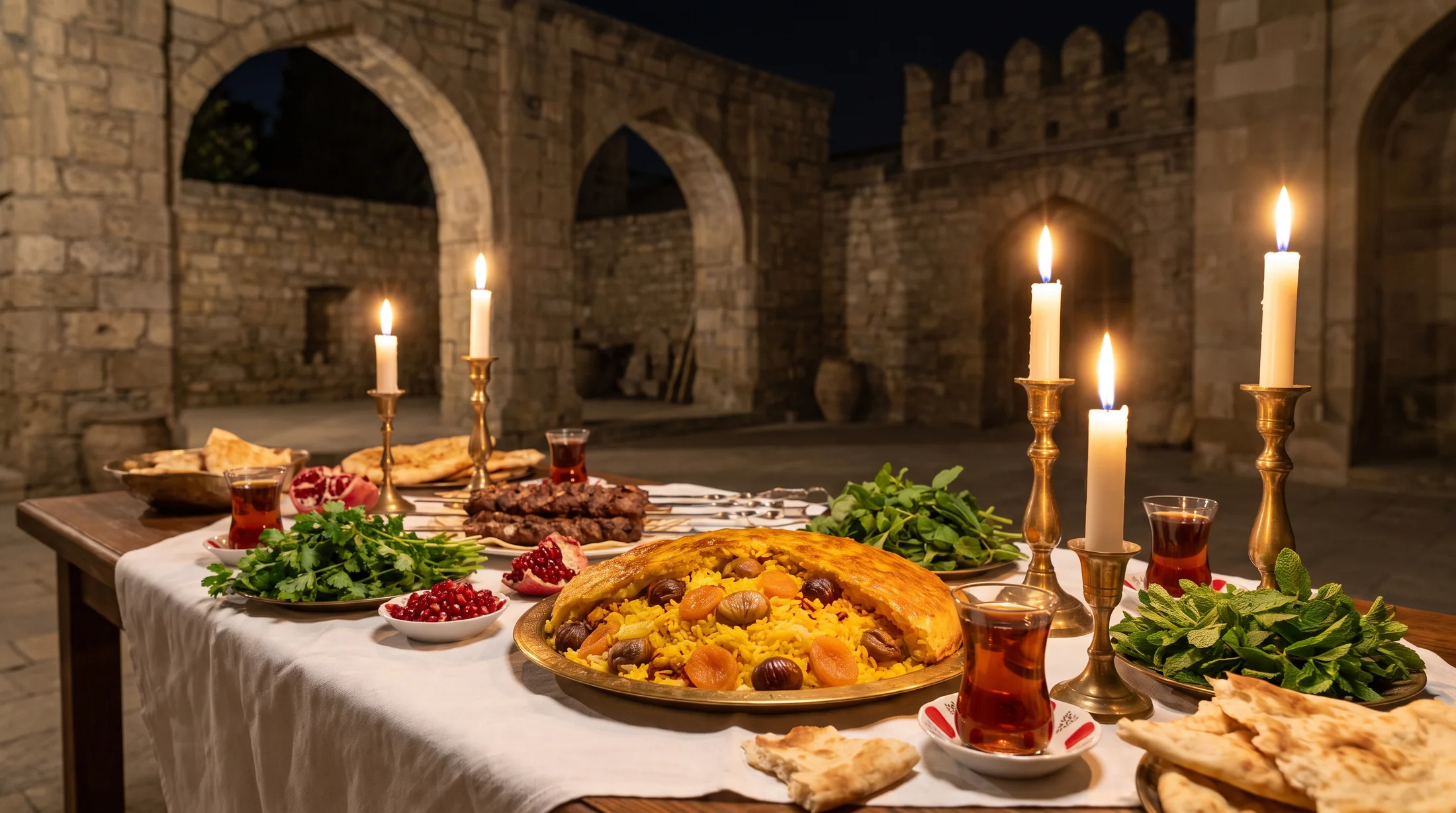Saffron plov served by candlelight in the courtyard