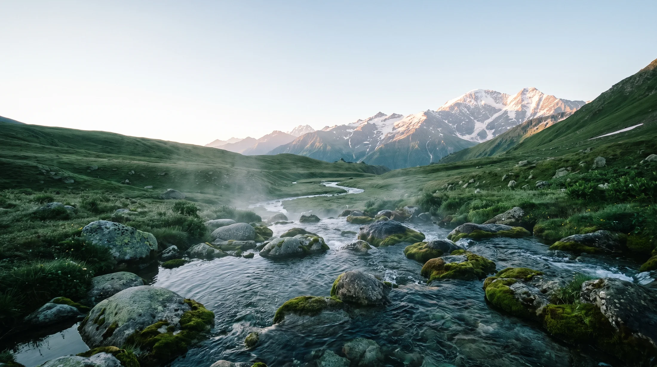 A mountain spring in the Caucasus at sunrise