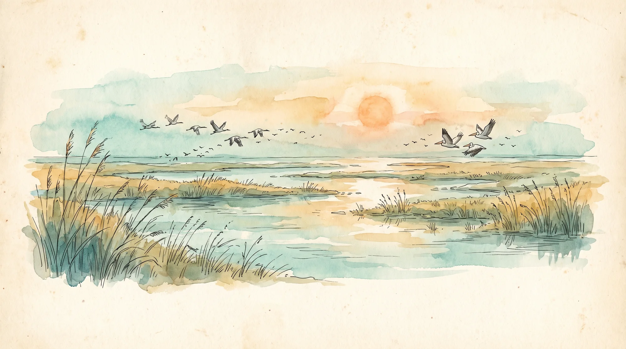 Watercolour panorama of a Caspian coastal wetland at sunrise