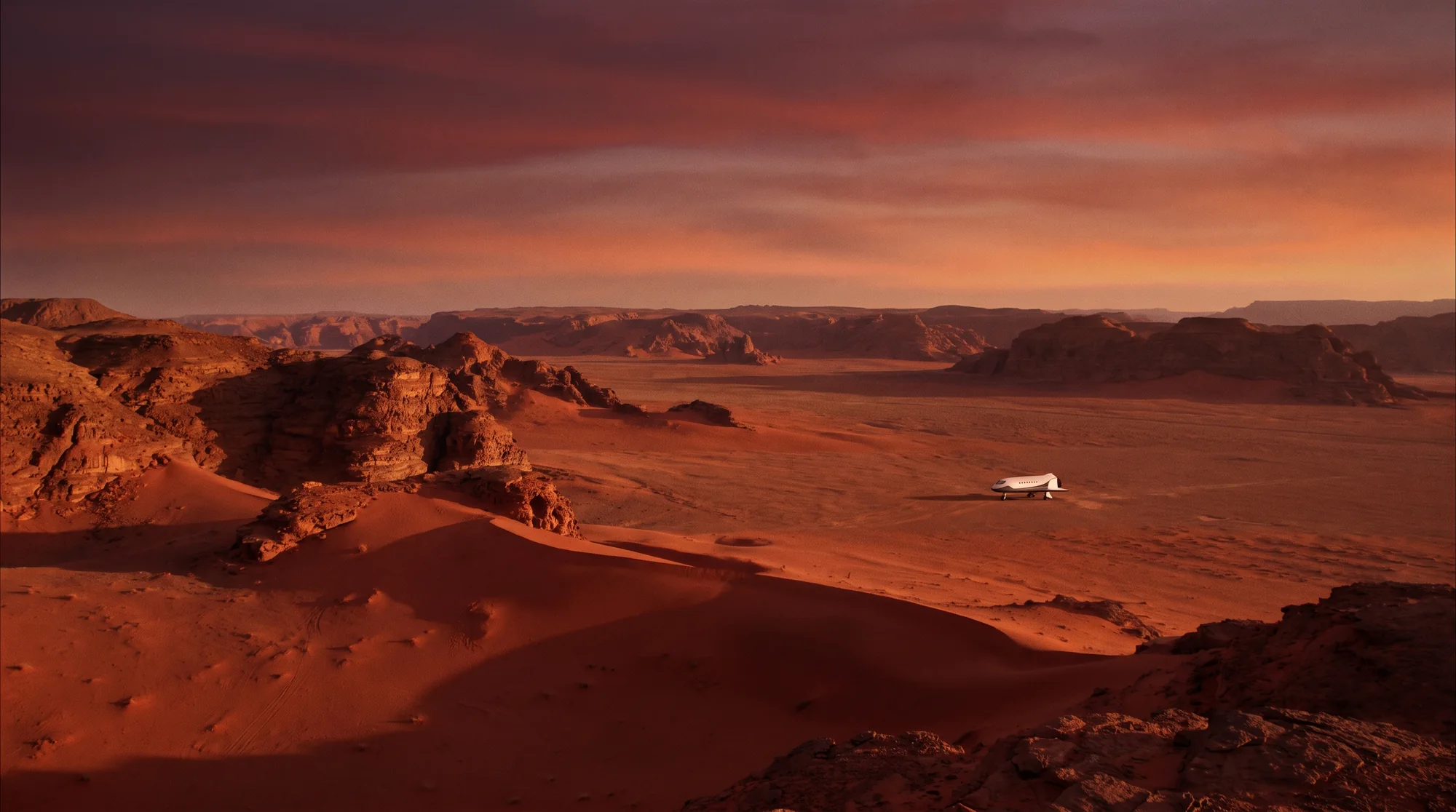 The surface of Mars at dusk with a spacecraft in the distance